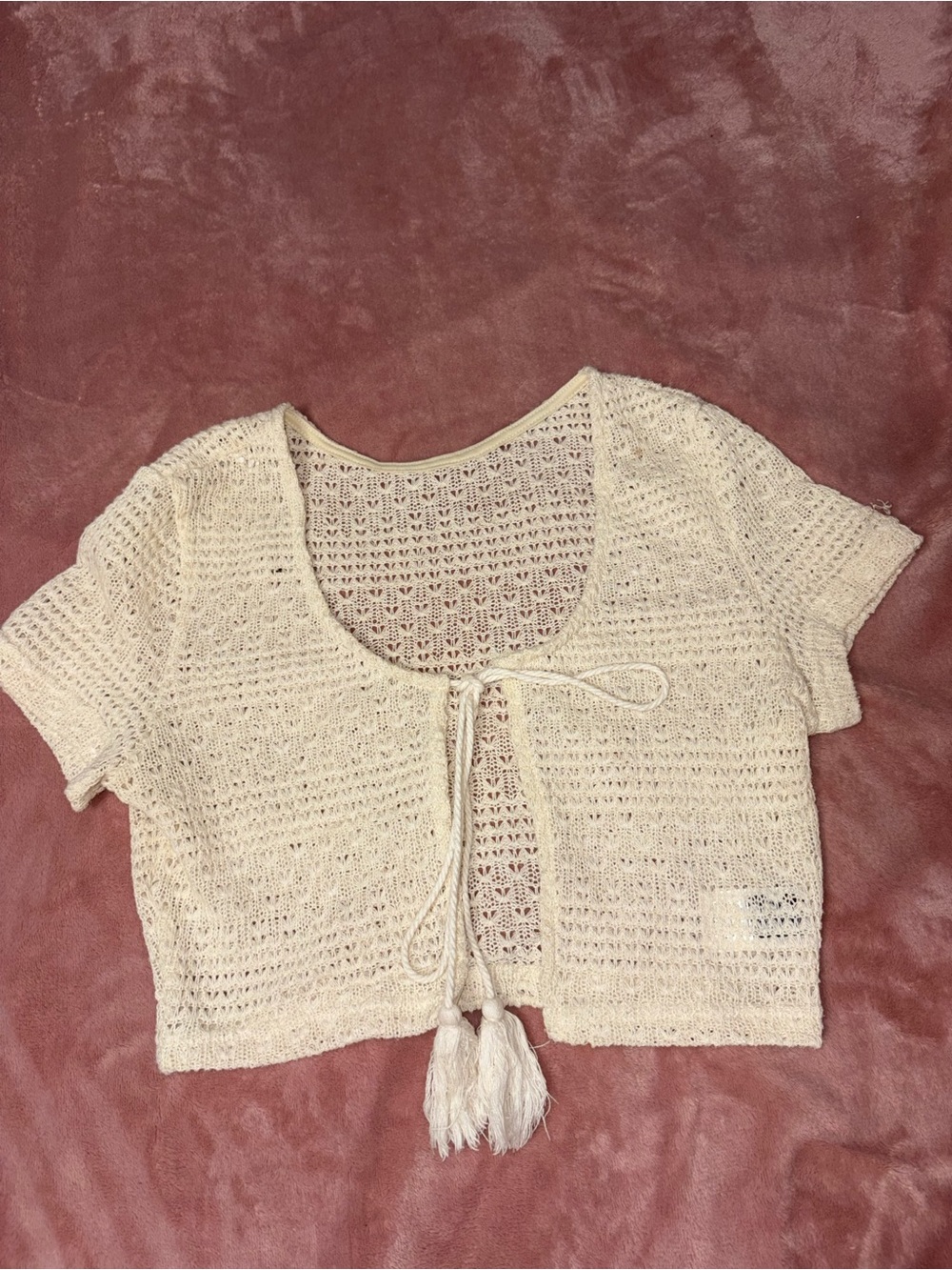 SHEIN Open-Knit Tie Front Short Cardigan — Cream